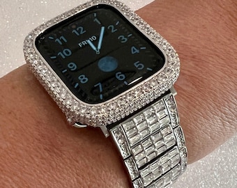 Silver Apple Watch Band Mens Womens Swarovski Crystal & or Iwatch Apple Watch Case Lab Diamond Bezel Apple Watch Cover 38mm-49mm Ultra Bling