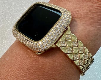 Gold Apple Watch Band Womens Bracelet Swarovski Crystals & or Apple Watch Case Lab Diamond Bezel Apple Watch Cover 38-49mm Series 10
