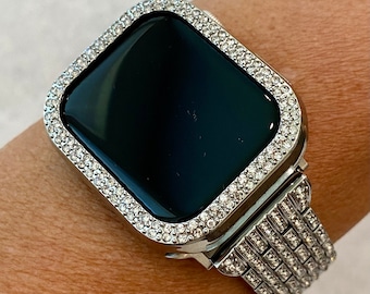 Series 10 Apple Watch Band Silver Stainless Steel Swarovski Crystals & or Apple Watch Cover Protective Apple Watch Bezel 38mm-49mm