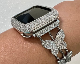 Butterfly Apple Watch Band 49mm Woman Silver  Crystal & or Apple Watch Case Pave Lab Diamonds Apple Watch Cover Iwatch Candy Bling