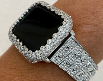 Silver Apple Watch Band  Crystal 38mm 40mm 41mm 42mm 44mm 45mm 49mm Ultra & or Apple Watch Case Lab Diamond Bezel Cover Bling