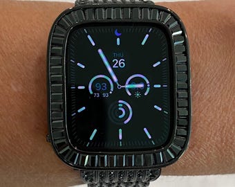 Black on Black Apple Watch Cover with Baguette Lab Diamonds set in 14K Rhodium Sizes 38mm 40mm 41mm 42mm 44mm 45mm Iphone Watch Case Bling