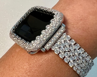 Iced Designer Apple Watch Band Womens Silver Bracelet & or Apple Watch Case Lab Diamond Bezel Iphone Watch Cover Iwatch Candy Bling