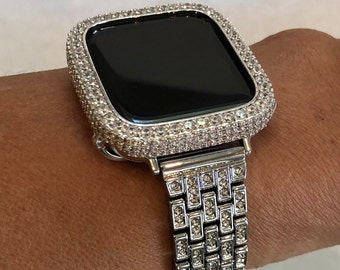 Series 9 Silver Apple Watch Band  Crystals 38mm-45mm & or 2.5mm Lab Diamond Bezel Cover, Smartwatch Bumper Bling