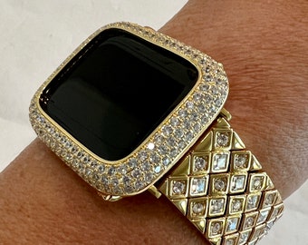 Apple Watch Band Women Gold  Crystals 38mm-49mm Ultra & or Apple Watch Cover Lab Diamond Bezel Smartwatch Case Bling Series 2-9 SE