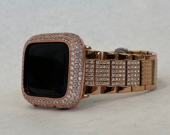 Apple Watch Band 41mm 45mm 49mm Ultra Woman Rose Gold  Crystals & or Apple Watch Cover Lab Diamond Bezel Cover 38mm 42mm 44mm