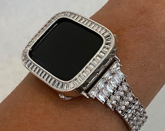 41mm 45mm Apple Watch Band Silver Swarovski Crystal Baguettes & or Lab Diamond Bezel Cover Smartwatch Bling Series 38mm-45mm Series 2-9 SE
