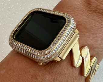 Designer Apple Watch Band Gold Women Minimalist, Iwatch Phone Bracelet & or Apple Watch Case Baguette Lab Diamond Bezel Cover Gift for Her