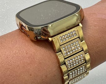 Series 10 Apple Watch Band 42mm 46mm Yellow Gold 49mm Ultra Swarovski Crystals & or Apple Watch Cover Tempered Glass Screen Protector Case