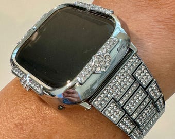 Series 10 Silver Apple Watch Band 41mm Women Swarovski Crystal & or Apple Watch Case Swarovski Crystals Iphone Watch Cover Tempered Glass