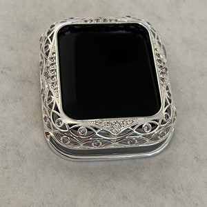 Crystal Apple Watch Case Cover Smartwatch 38mm 40mm 42mm 44mm Series 2-9 Lace Silver Bezel Bumper image 3