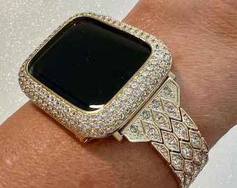 Pave Apple Watch Band Womens Gold Swarovski Crystals 38mm-49mm Ultra & or Apple Watch Cover Lab Diamond Bezel Apple Watch Case Iphone Watch