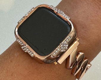 Rose Gold Apple Watch Band Womens Bracelet Series 10 & or Apple Watch Case Swarovski Crystal Iphone Watch Cover Tempered Glass 40mm-46mm