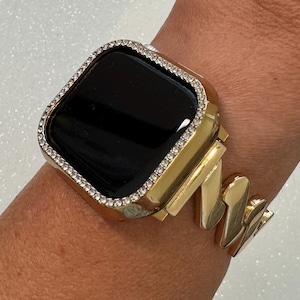 Apple Watch Band Series 10 42mm 46mm Yellow Gold & Or Apple Watch Cover Swarovski Crystal Iphone Watch Case 41mm 45mm 49mm Ultra Bling