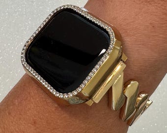 Apple Watch Band Series 10 42mm 46mm Yellow Gold & Or Apple Watch Cover Swarovski Crystal Iphone Watch Case 41mm 45mm 49mm Ultra Bling