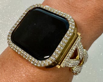 Designer Apple Watch Band Series 10 Woman Gold Swarovski Crystal Heart Charm & or Apple Watch Case Iphone Watch 38mm-49mm IWatch Cover