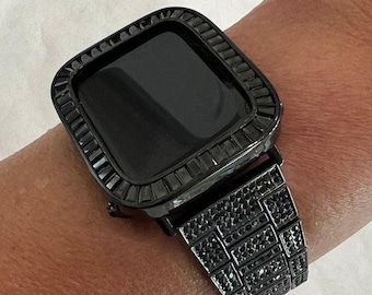 Designer Apple Watch Band 38 40 41 42 44 45mm Black Pave Swarovski Crystals & or Lab Diamond Baguette Bezel Cover Smart Watch Case Bling