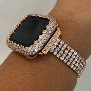 Apple Watch Band Women Rose Gold Swarovski Crystal 38mm-49mm Ultra & or Apple Watch Cover Lab Diamonds Iwatch Candy Bumper Case Bling