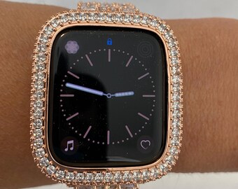 Bling Apple Watch Bezel Cover 40mm 44mm Rose Gold with Square and Pave 2.5mm Lab Diamonds Smartwatch Bumper Case Bling