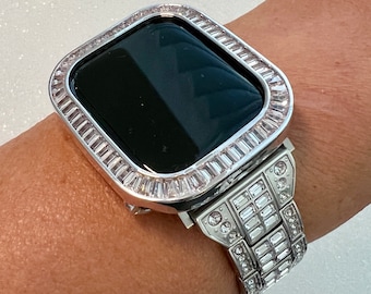 Silver Apple Watch Band Women Swarovski Crystal Baguette & or Apple Watch Case Big Baguette Lab Diamond Bezel Apple Watch Cover Iwatch Candy