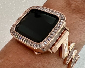 Luxury Apple Watch Band Women Rose Gold 38mm-45mm, Iwatch Phone band Bracelet & or Apple Watch Case Baguette Lab Diamond Bezel Minimalist