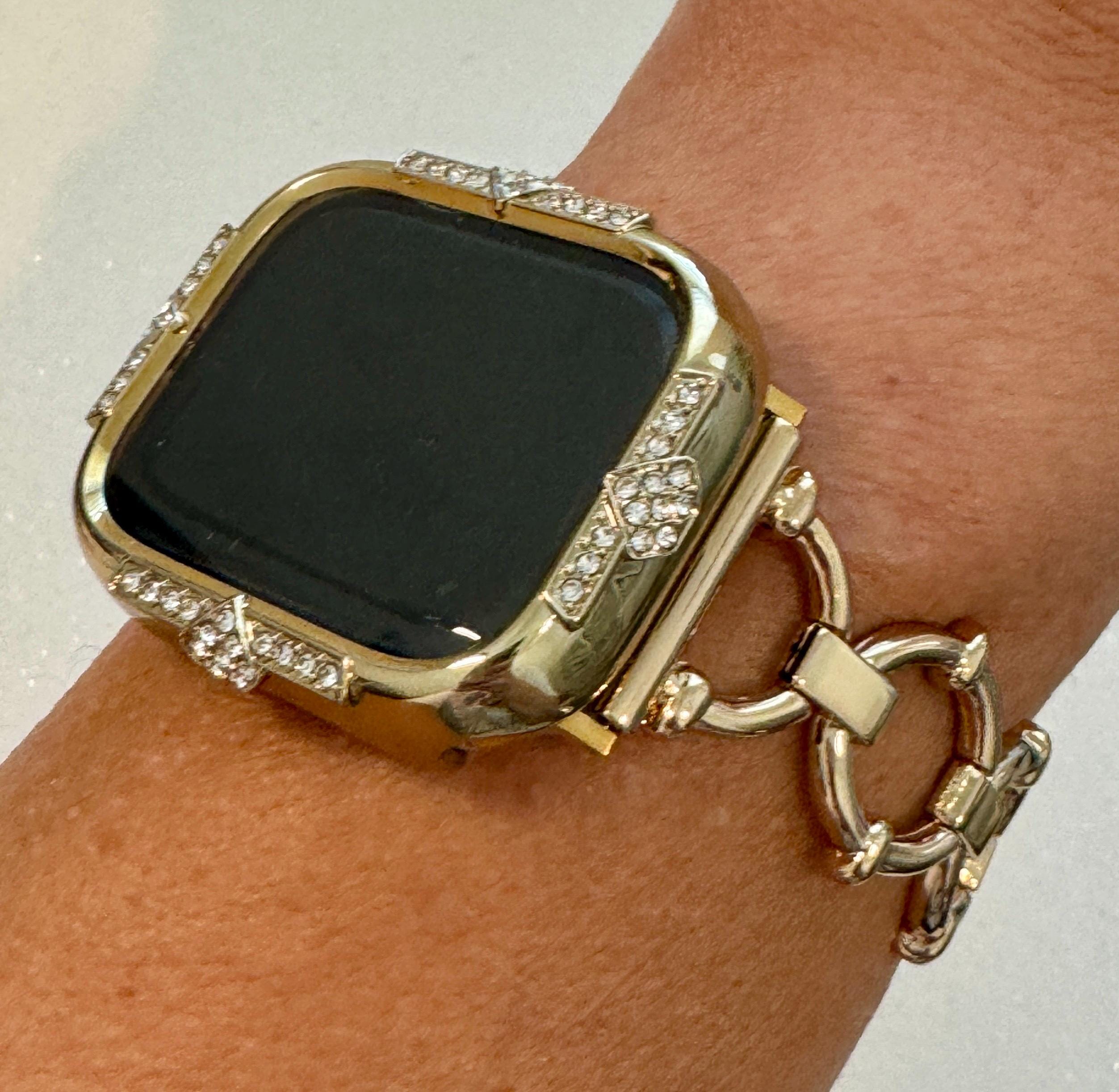 Minimalist 14K Gold Apple Watch Band Womens Bracelet 41mm 45mm or Apple Watch Case Swarovski Crystals 40mm 44mm Screen Protector Bling