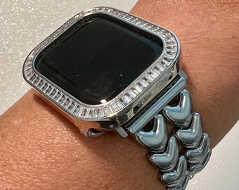 Silver Apple Watch Band Double Row Hearts 38 40 41 42 44 45mm, Iwatch band & or Apple Watch Case Baguette Lab Diamond Bezel Cover Gift