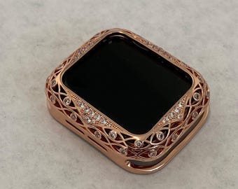 Bling Apple Watch Cover Womens Rose Gold Metal Case Lace Design with Swarovski Crystals for Iphone Watch from Iwatch Candy 38mm-45mm