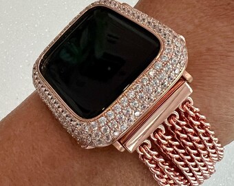 Rose Gold Apple Watch Band Women Chain Link 38mm-49mm Ultra, Iwatch Phone band & or Apple Watch Case Lab Diamond Bezel Cover Minimalist
