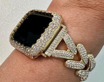 Dangle Heart Apple Watch Band Woman Gold Swarovski Crystal Heart Charm & or Apple Watch Case Lab Diamond Bezel 38mm-49mm Iphone Watch Cover