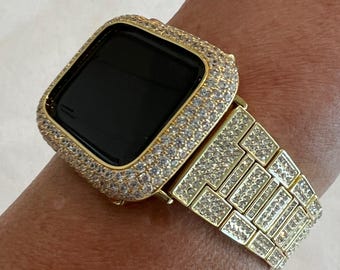 Pave Apple Watch Band Gold Stainless Steel Swarovski Crystals 38mm-49mm Ultra & or Apple Watch Cover Lab Diamond Bezel Apple Watch Case