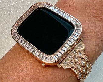 Luxury Apple Watch Band Womens Rose Gold, Iphone Watch Band Crystal & or Apple Watch Cover Baguette Lab Diamond Iwatch Case Bling