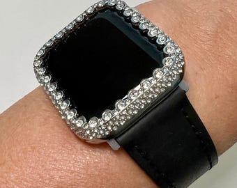 Apple Watch Band Womens Black Leather & or Apple Watch Case Swarovski Crystals Apple Watch Cover Iwatch Watch Candy Bling 38mm-45mm Series 9