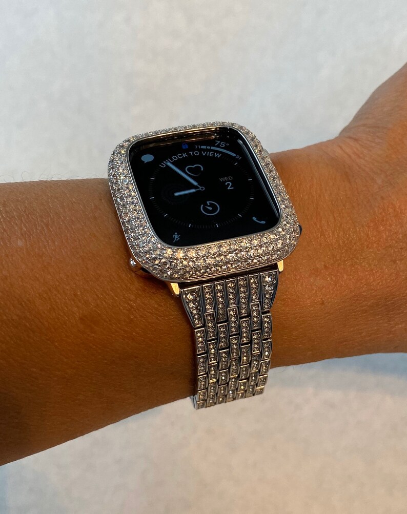 41mm 45mm 49mm Ultra Apple Watch Band Silver Crystals & or Smartwatch Lab Diamond Bezel Cover Bling Series 8 image 2