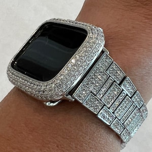 Pave Apple Watch Band 49mm Ultra Swarovski Crystals Silver & or Apple Watch Cover Lab Diamond Bezel Iwatch Case Bling 38mm-46mm Series 2-10