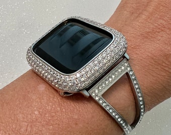 Sliver Apple Watch Band Women Swarovski Crystal Bangle Bracelet & or Apple Watch Case Pave Lab Diamonds 38mm-49mm Ultra Iwatch Candy Bling