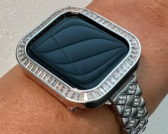 Custom Apple Watch Band Women Silver Swarovski Crystal & or Apple Watch Cover Lab Diamond Bezel Iphone Watch Case Iwatch Candy Bling 38-45mm