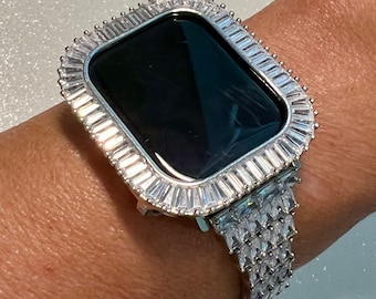 Silver Apple Watch Band 41mm 45mm, Iphone Watch Band Women & or Apple Watch Cover Lab Diamond Baguettes Iwatch Candy Apple Watch Case Bling