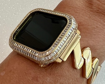 Designer Apple Watch Band Gold Women Minimalist, Iwatch Phone Bracelet & or Apple Watch Case Baguette Lab Diamond Bezel Cover Gift for Her