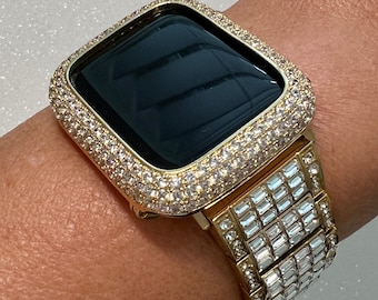 Apple Watch Band Yellow Gold Baguette Swarovski Crystals & or Apple Watch Cover Pave Lab Diamond Bezel 38mm-49mm Ultra Iwatch Candy Bling