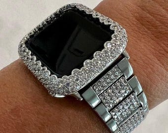 42mm 46mm Apple Watch Band Womens Silver Stainless Steel Swarovski Crystals & or Apple Watch Cover Lab Diamond Bezel 38mm-49mm Series 2-10
