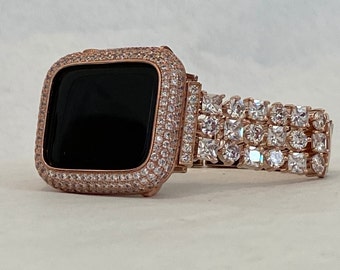 Rose Gold Apple Watch Band Womens Swarovski Crystals & or Apple Watch Cover Lab Diamond Bezel Iphone Watch Case 39mm-49mm Ultra Iwatch Candy