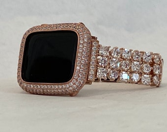 Rose Gold Apple Watch Band Womens 41mm 45mm 49mm Ultra  Crystals & or Apple Watch Cover Lab Diamonds 38, 40, 41, 42, 44, 45, 49mm