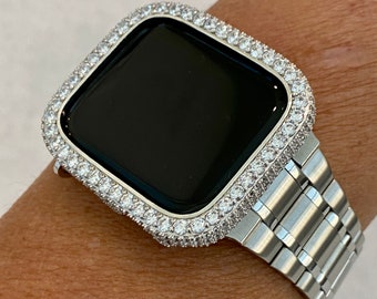 Series 2-9 Apple Watch Band 41mm 45mm 49mm Ultra Silver Stainless Steel Ultra Thin & or Apple Watch Case Lab Diamond Bezel Apple Watch Cover