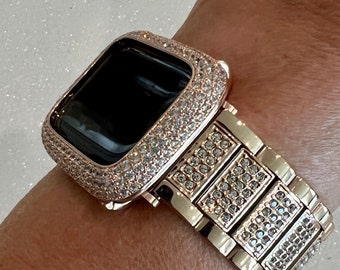 Rose Gold Apple Watch Band Women 38mm 40mm 41mm 42mm 44mm 45mm 49mm Ultra Swarovski Crystals & or Apple Watch Cover Lab Diamond Bezel Case