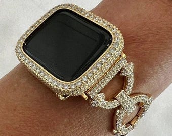Apple Watch Band 42mm 46mm Series 10 Pave Gold Swarovski Crystal & or Apple Watch Case Lab Diamond Bezel Iwatch Cover 38mm-49mm Bling Bumper