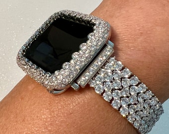 Iced Designer Apple Watch Band Womens Silver Bracelet & or Apple Watch Case Lab Diamond Bezel Iphone Watch Cover Iwatch Candy Bling