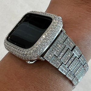 Pave Apple Watch Band Women 38mm-49mm Ultra Silver Swarovski Crystal & or Apple Watch Cover Lab Diamond Bezel Apple Watch Case Series 2-10