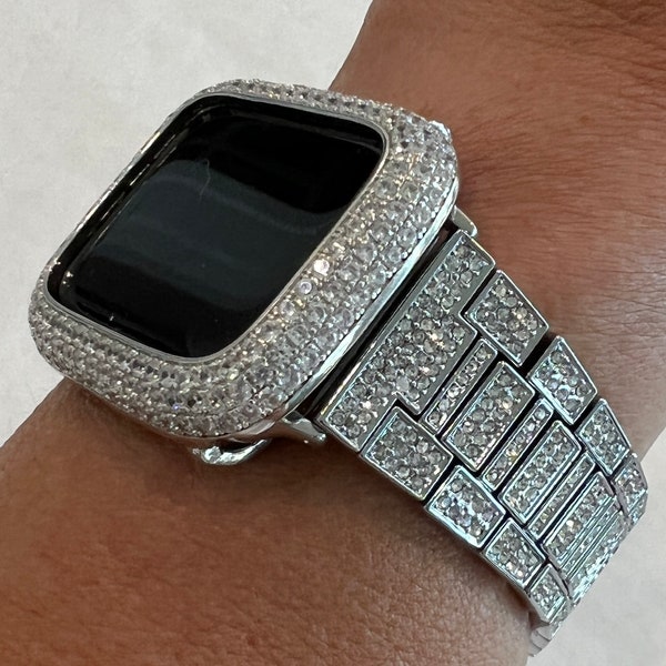 Pave Apple Watch Band Women 38 40 41 42 44 45 49mm Ultra Silver & or Apple Watch Cover Lab Diamond Bezel Apple Watch Case Bling Series 2-9