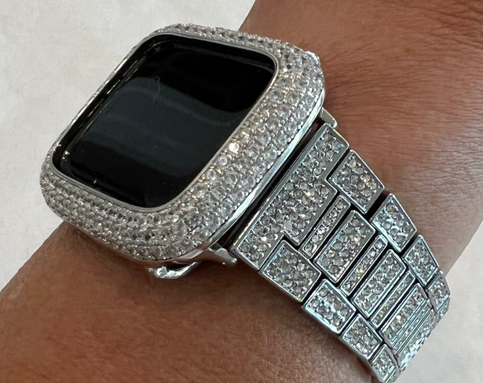 Featured listing image: Pave Apple Watch Band Women 38mm-49mm Ultra Silver High End Crystal & or Iphone Watch Cover Lab Diamond Bezel